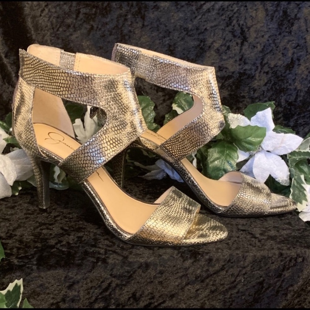 Jessica Simpson Mekos Gold Silver Snakeskin Heels